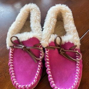 J. Crew Pink Slippers Moccasins Fur Trim Womens 6